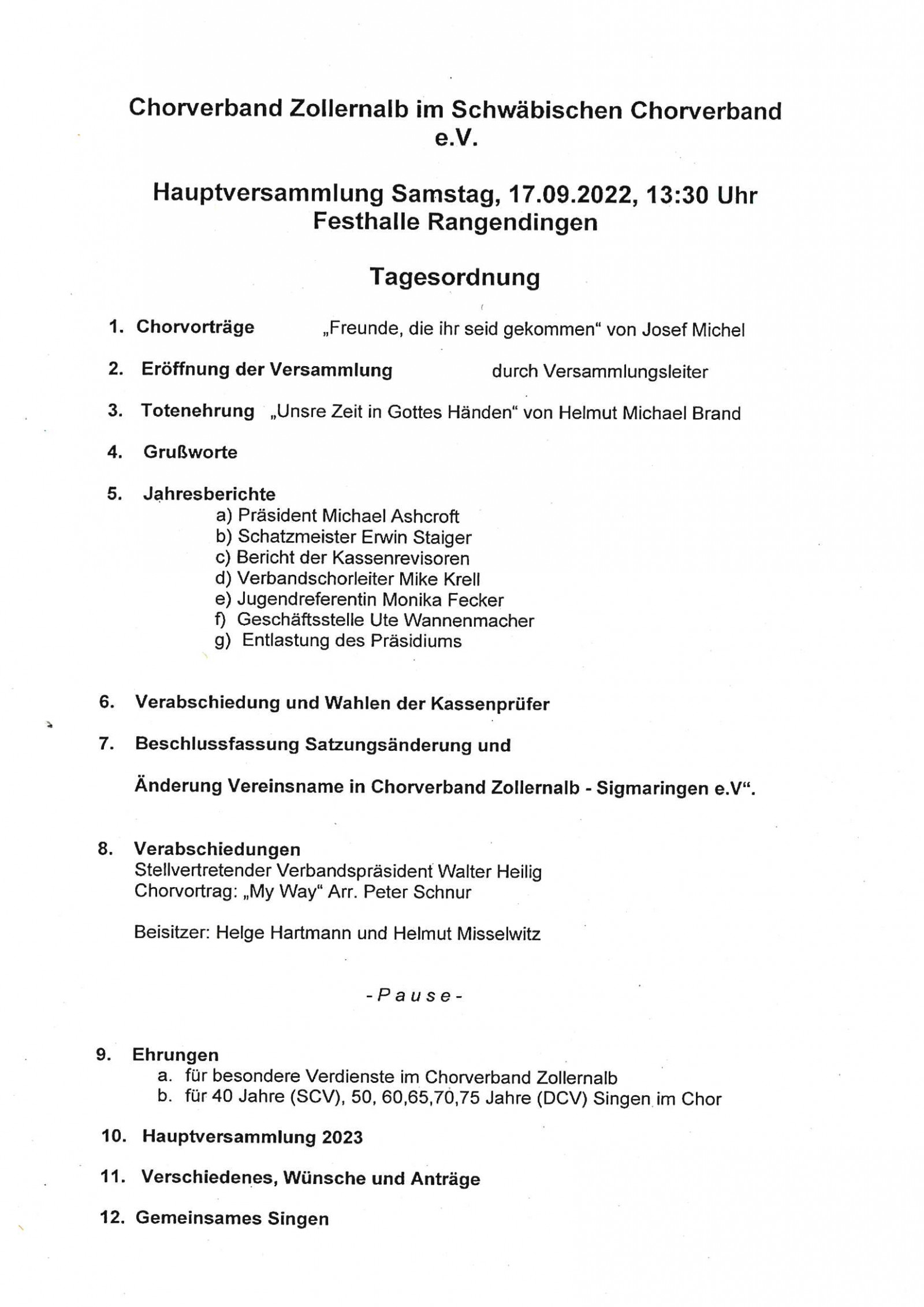 Hauptversammlung Chorverband Zollernalb 17.09.2022