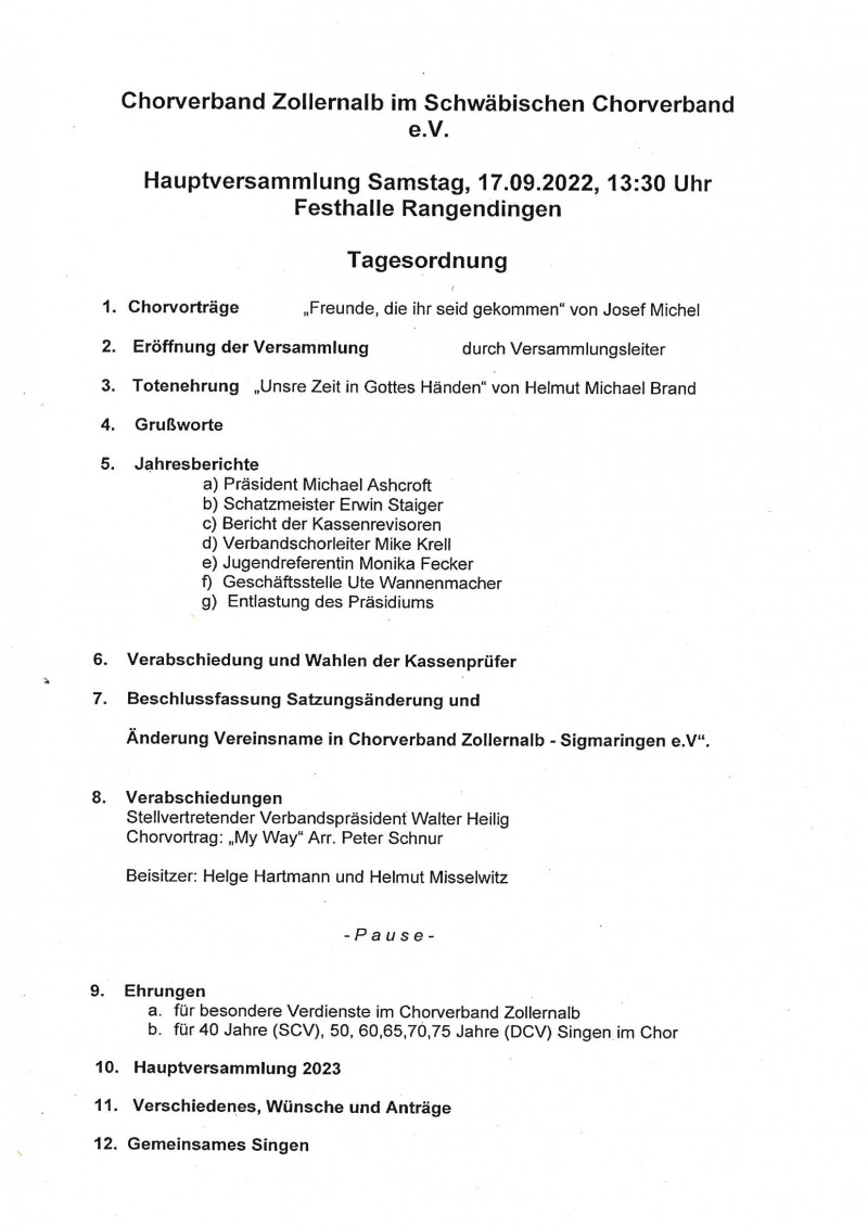 Hauptversammlung Chorverband Zollernalb 17.09.2022