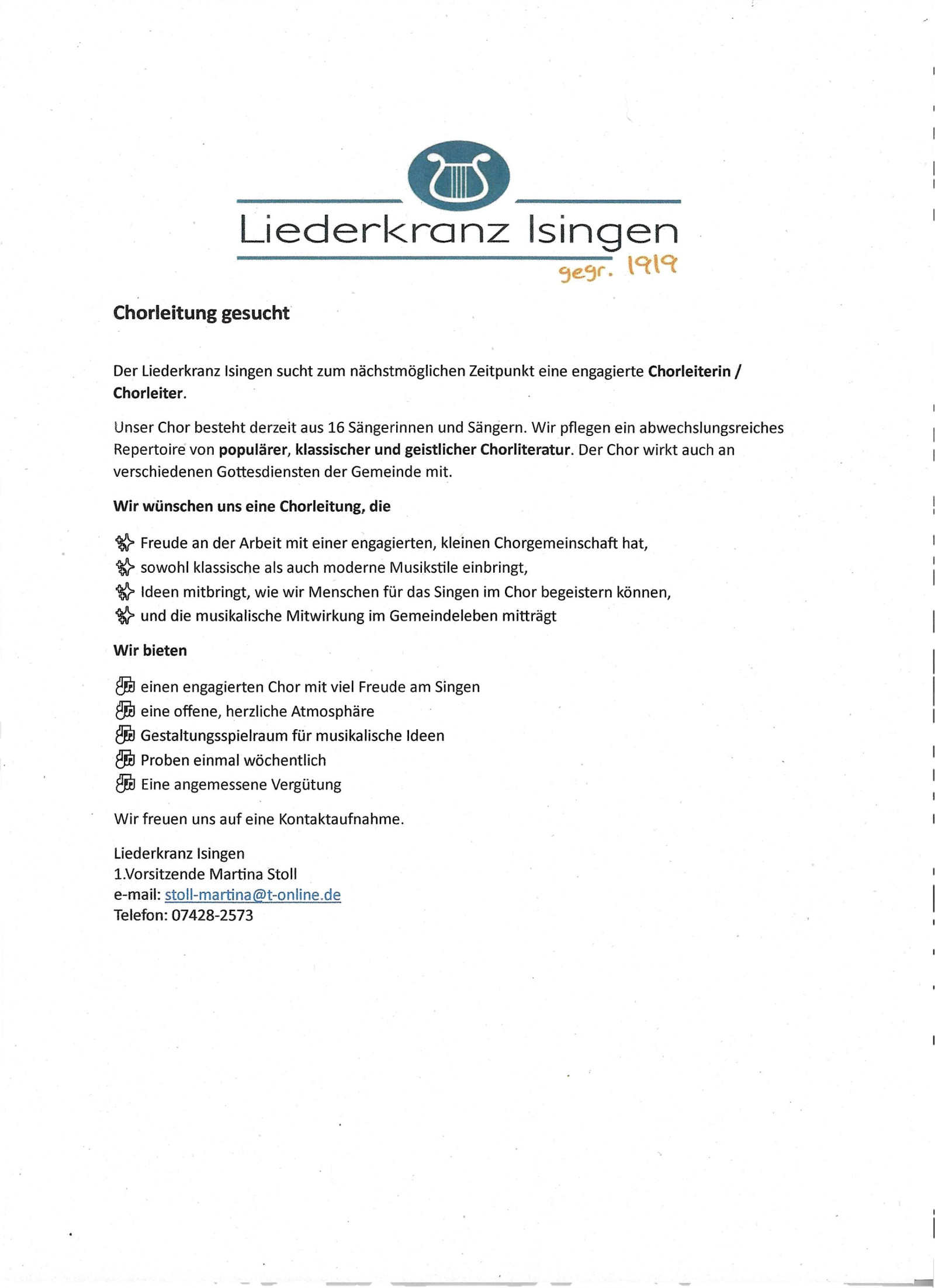 LK Isingen sucht Chorleiter/Chorleiterin